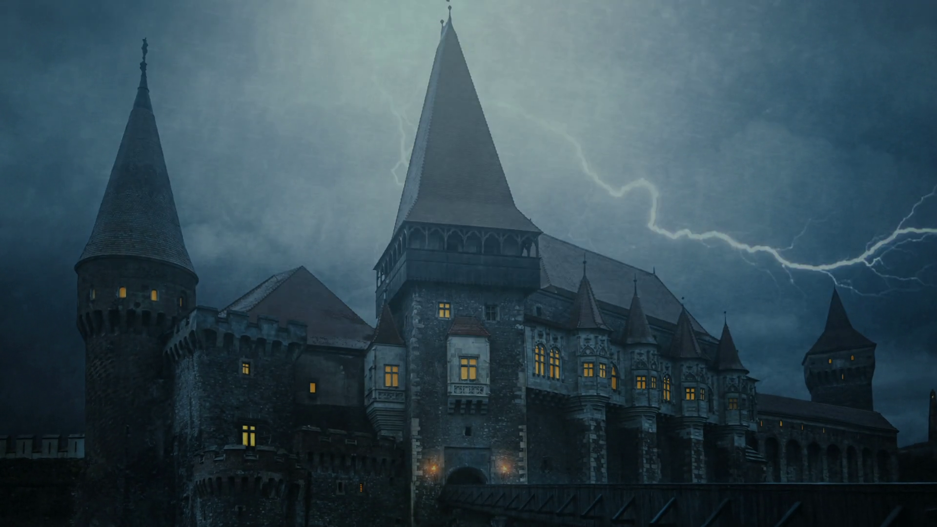 Medieval Castle in Transylvania on a stormy night - zoom in Stock Video
