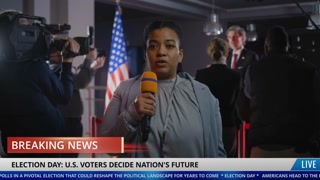 African American female correspondent reports breaking news live on Election Day in the USA. Playback broadcast with running line for