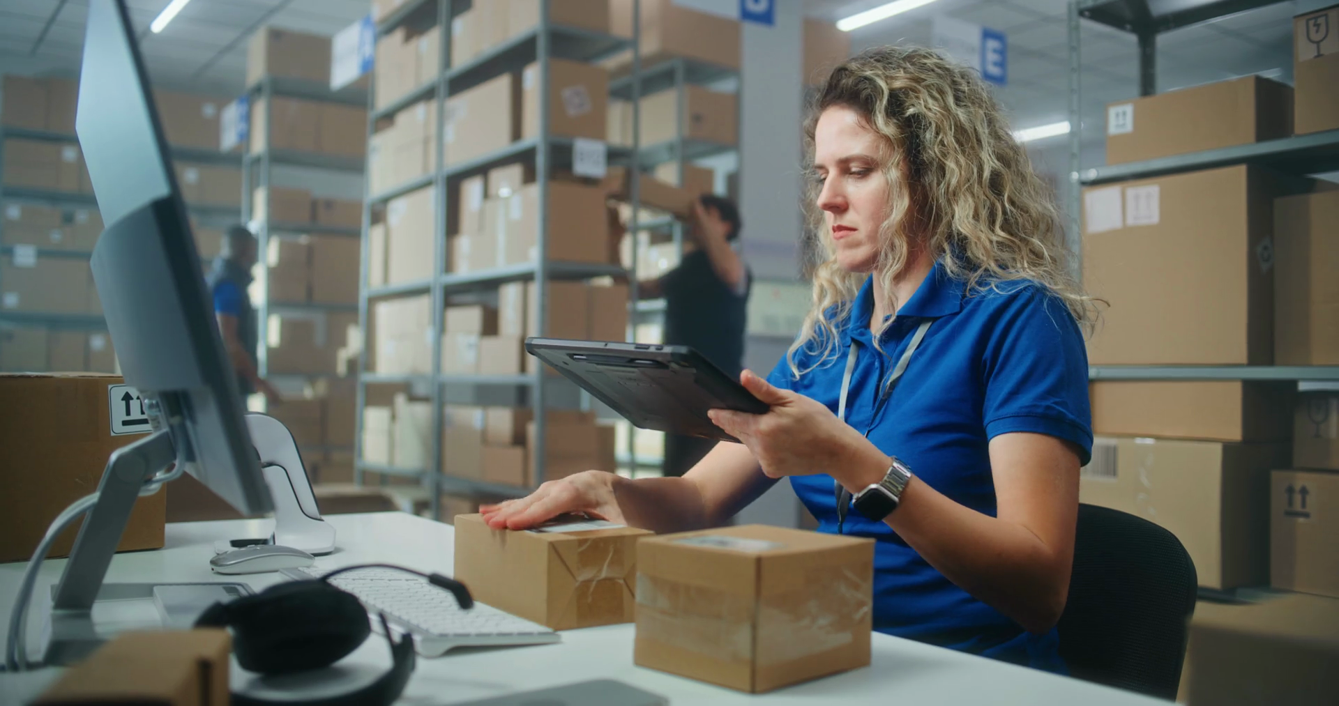 Female Warehouse Clerk Scans Parcels Using Stock Footage SBV-351717853 ...