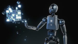 Visualization of High-Tech Humanoid Robot Interacting with Levitating Hologram of Digital Cube, Showcasing Artificial Intelligence
