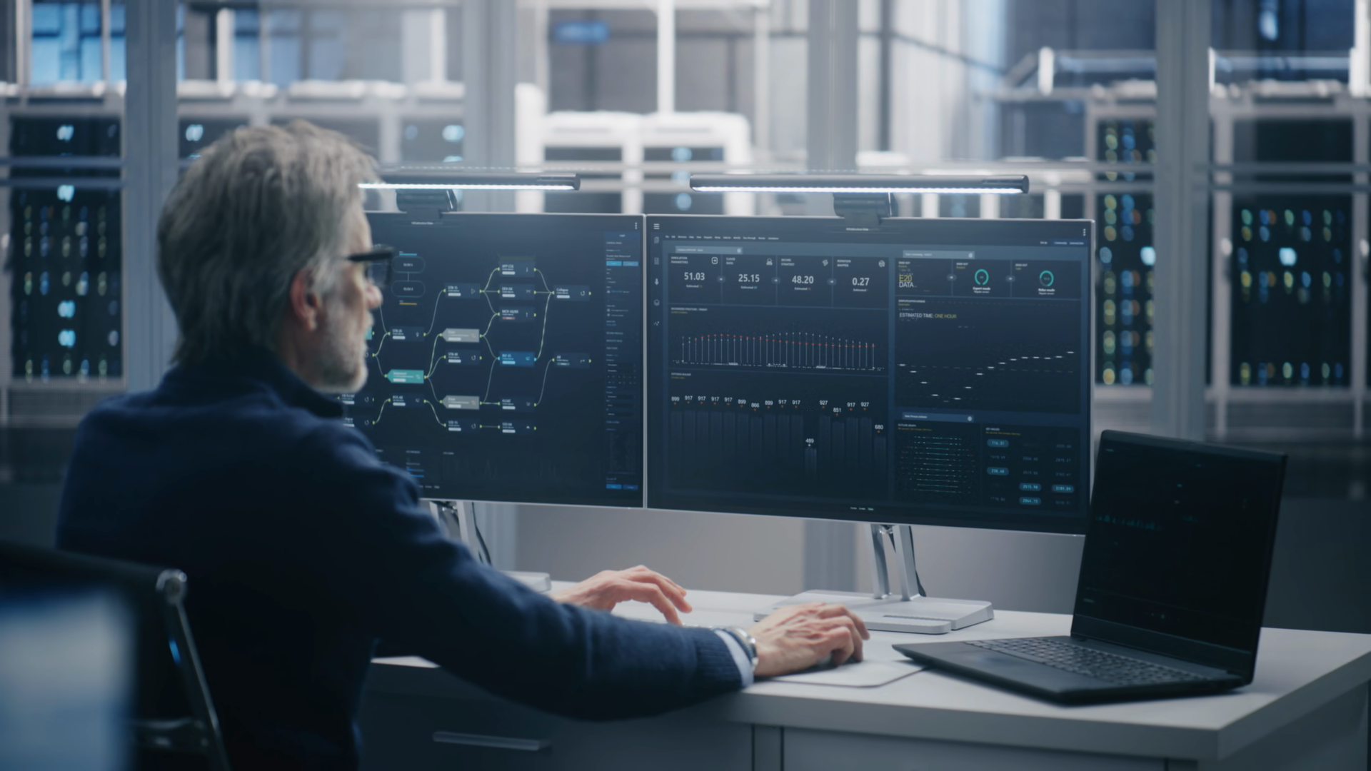 Senior Engineer Monitoring Data Flow On Dual Stock Footage SBV ...