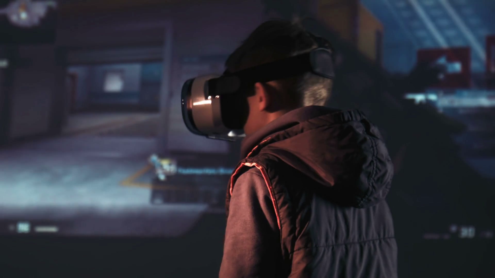 Boy in oculus rift goggles with weapon playing game Stock Video Footage