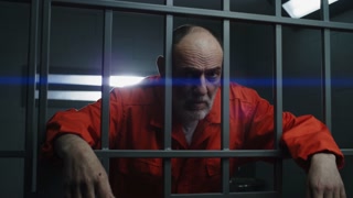 Elderly criminal in orange uniform stands near barred window, leans on bars of prison cell and looks at camera. Inmate in correctional