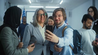 Happy diverse people take pictures with female presidential candidate after voting. Multiethnic US citizens with politician at polling