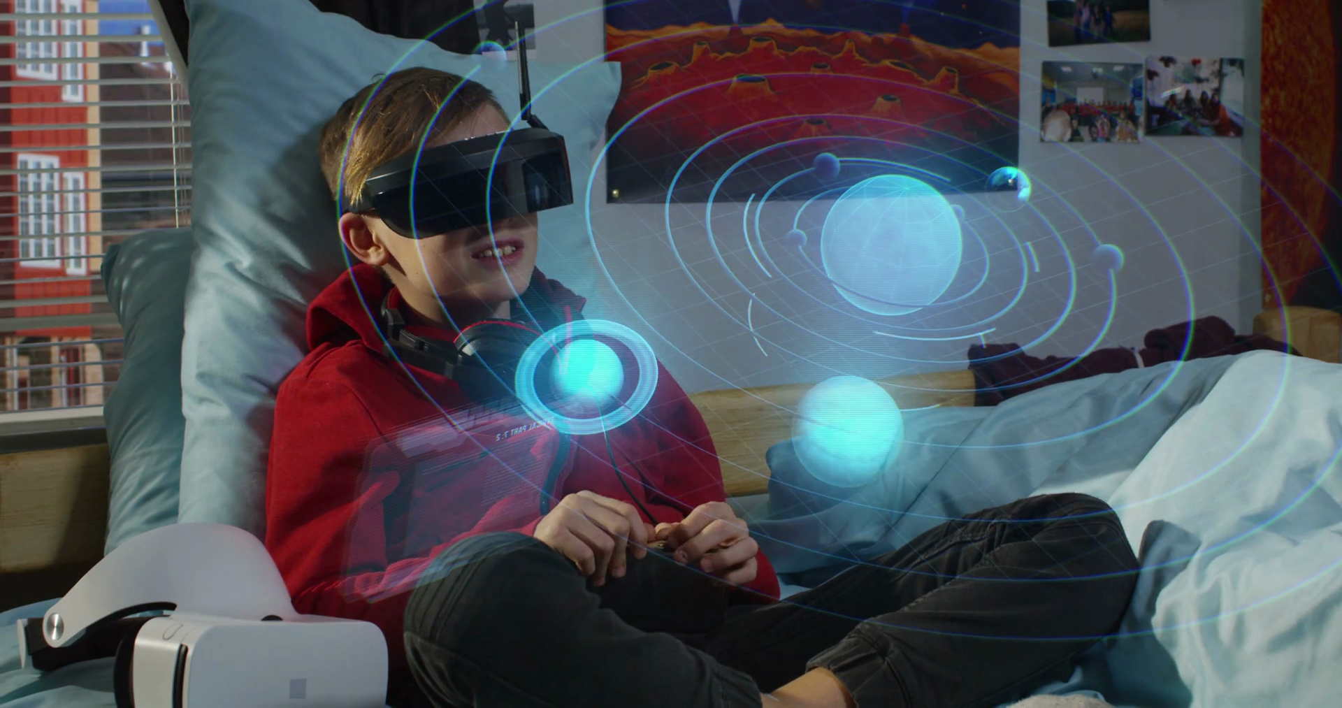 Full Shot Of Vr Headset Wearing Boy Watching Stock Footage SBV