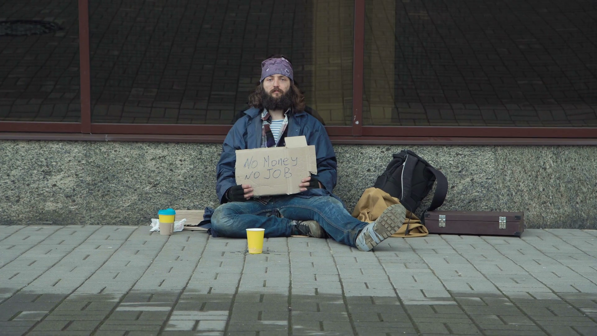 Homeless Man With No Money No Job Cardboard Sign Sitting On Pavement Stock Video Footage Storyblocks