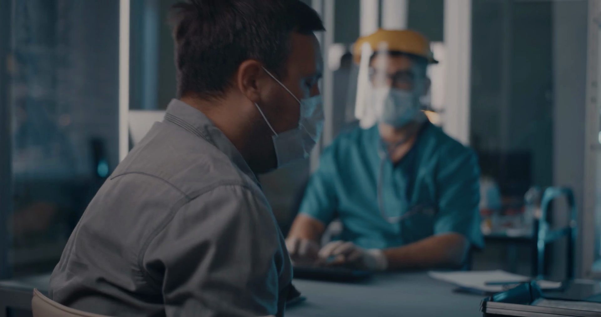 Rack Focus Of Male Patient In Mask Coughing Stock Footage SBV338976346