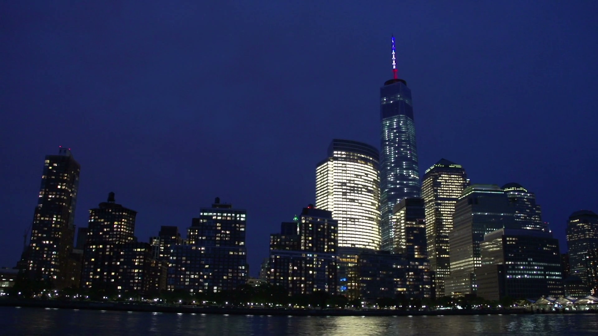 Manhattan skyline and Freedom Tower at night, New York City, USA Stock