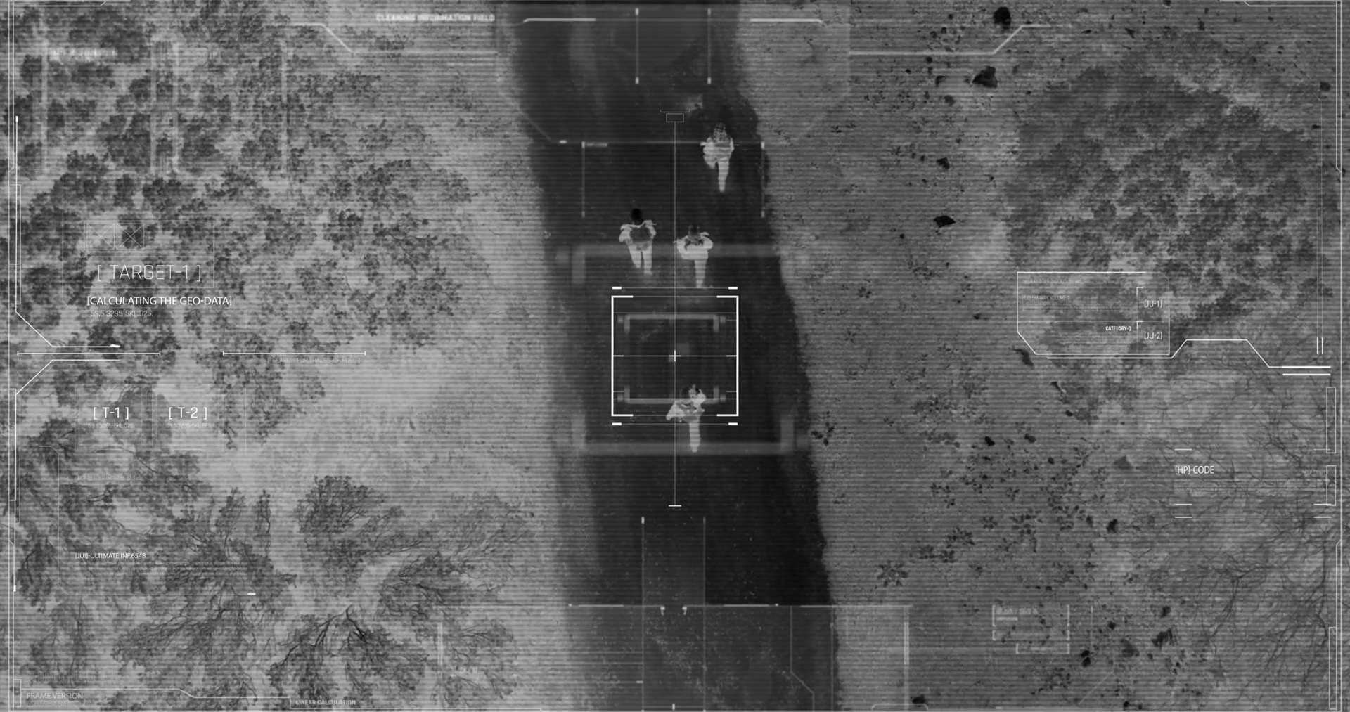Drone with thermal night vision view of terrorist squad walking with