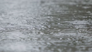 Slow motion of rain drops falling into a water puddle with water splashing