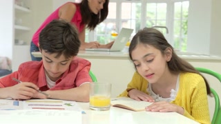 Children Doing Homework Whilst Mother Uses Laptop