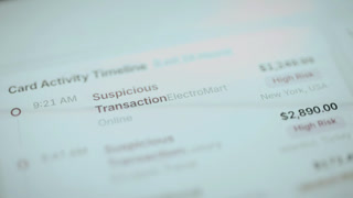 Card activity timeline lists suspicious international transactions
