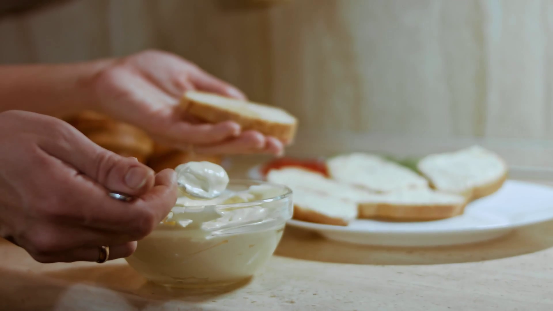 Hands Spread Mayonnaise On Bread Butter Stock Footage SBV347228452