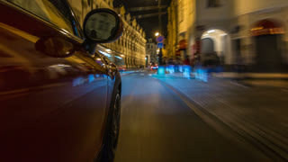 Car moves at fast speed at the night streets timelapse hyperlapse drivelapse.