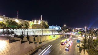Traffic at Jaffa street and Tower of David at night timelapse hyperlapse. JERUSALEM, ISRAEL