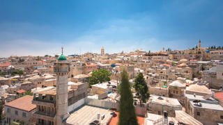 Panorama of Jerusalem Old City and Temple Mount timelapse hyperlapse from Austrian Hospice Roof, Israel