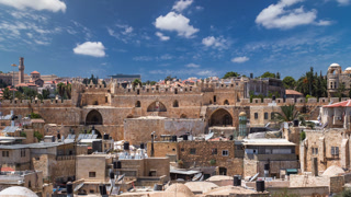 Panorama of Jerusalem Old City and Damascus Gate timelapse from Austrian Hospice Roof, Israel