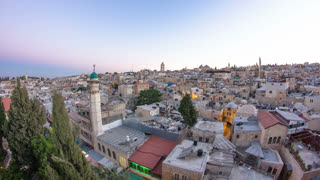 Panorama of Jerusalem Old City day to night timelapse from Austrian Hospice Roof, Israel