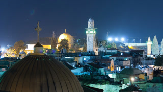 Panorama of Jerusalem Old City and Temple Mount night timelapse from Austrian Hospice Roof, Israel