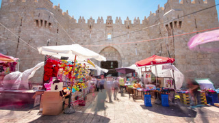 Entrance to Damascus Gate or Shechem Gate timelapse hyperlapse, one of the gates to the Old City of Jerusalem, Israel
