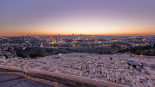 Jerusalem panorama view over the City day to night timelapse from the Mount of Olives.