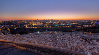 Jerusalem panorama view over the City day to night timelapse from the Mount of Olives.