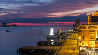 Elevated view of the Padrao dos Descobrimentos Monument to the Discoveries day to night timelapse famous monument in Lisbon