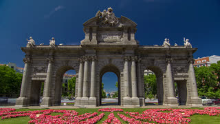 The Puerta de Alcala timelapse hyperlapse is a Neo-classical monument in the Plaza de la Independencia in Madrid, Spain.