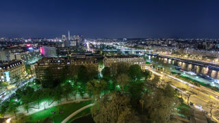 View of river Seine from the Eiffel tower night timelapse. Paris, France, Europe.