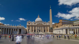 St.Peter's Square full of tourists with St.Peter's Basilica and the Egyptian obelisk within the Vatican City timelapse hyperlapse