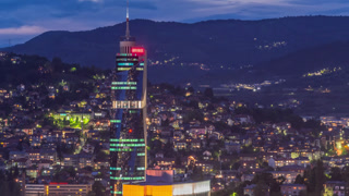 City panorama from Old Jewish cemetery day to night timelapse in Sarajevo
