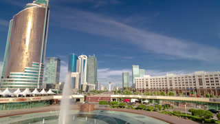 New business district timelapse hyperlapse from bridge in the capital of Kazakhstan in Astana.