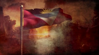 Antigua And Barbuda Flag With Cinematic Apocalypse Scene And Burning City