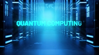 Quantum Computing Words On Hologram Data Center Background