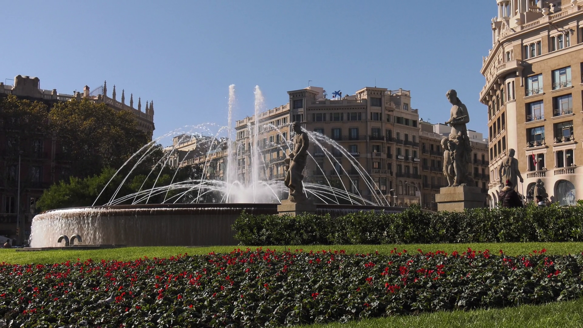 Fountains And Statues In Placa Plaza Catalunya Barcelona Spain Stock