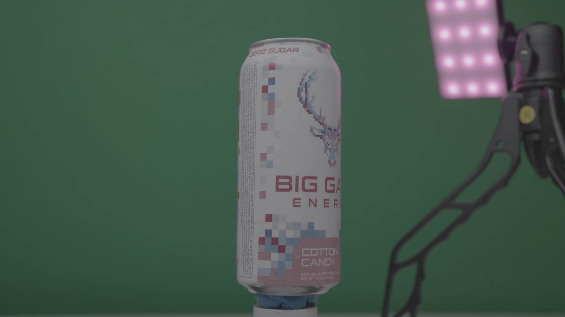Big Game Energy Drink, cotton candy flavor, rotating in a studio on a