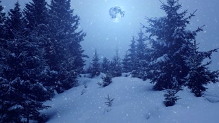 New Year background in the snow with fir-trees and the moon