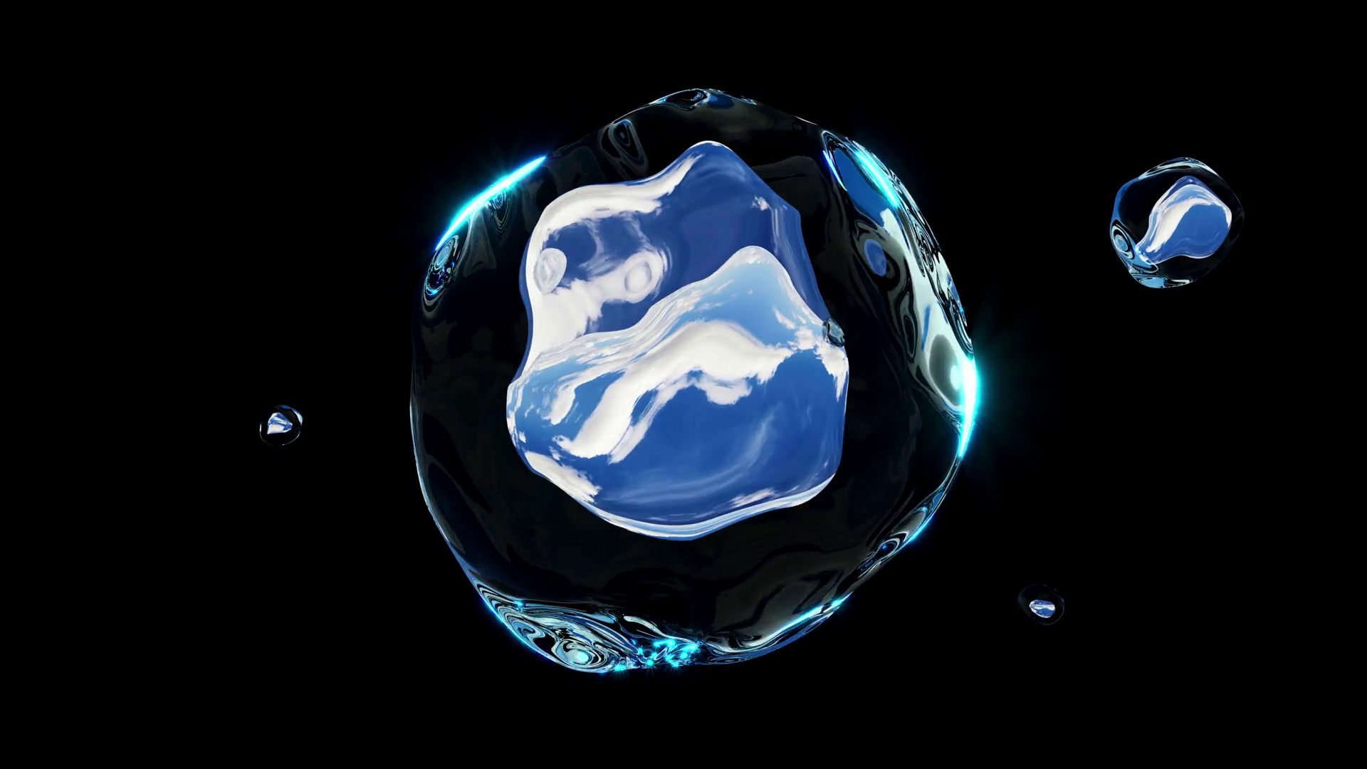The movement in space of liquid droplets with a reflection of the sky. 3d animation of a drop of