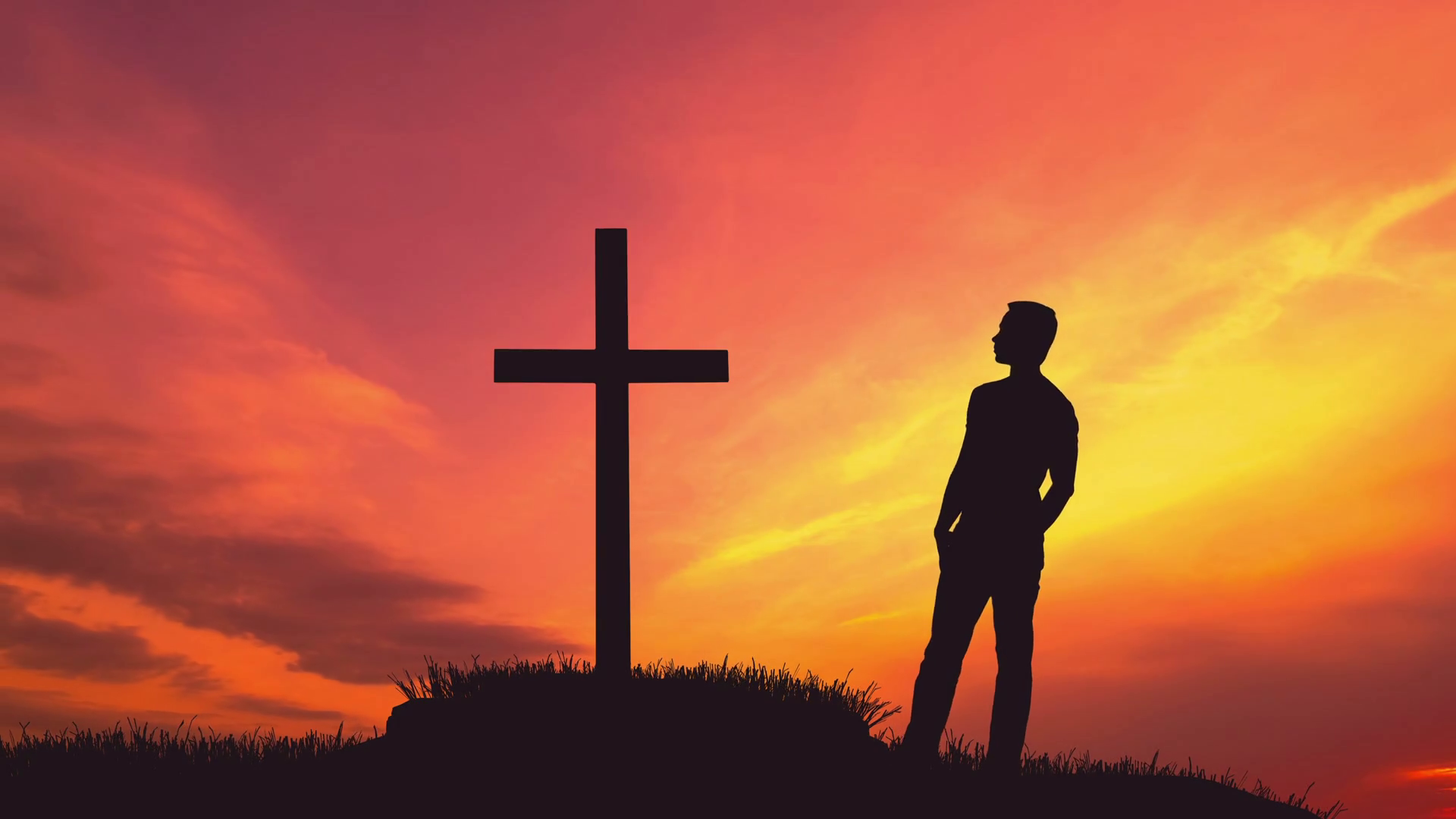 5 In 1 Video! Man Stand Near Cross Against Stock Footage SBV-310718233