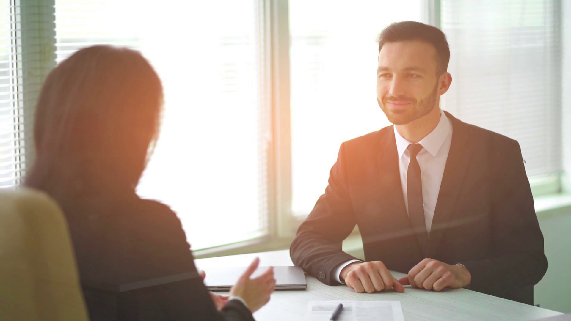 Th Business Man Woman Talking At Table Slow Stock Footage SBV-337762865 ...