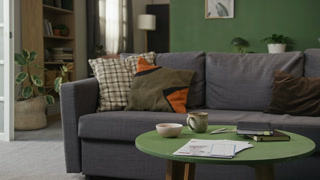 Interior of living room with mug, notebooks and utility bills on green coffee table, grey couch with cushions, bookcase and plants in background