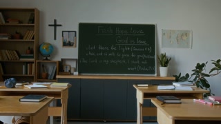 No people pan shot of empty classroom interior in modern Christian school with single school desks, crucifix on wall and Bible quotes on blackboard