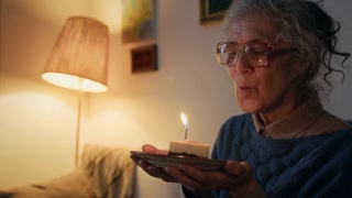 Happy elderly Caucasian woman with gray hair in bun and large glasses blowing candle on small piece of birthday cake