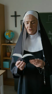 Vertical of focused elderly Caucasian nun in veil reading Bible out loud teaching Bible class in modern religious school