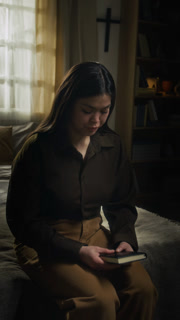 Vertical view of spiritual Caucasian girl dressed casually saying prayer while sitting on bed with bible book in her hands