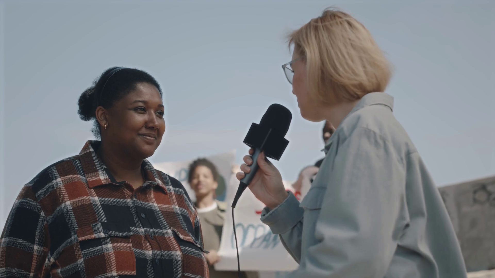 Female Tv Reporter Holding Mic Interviewing Stock Footage SBV-347803205 ...