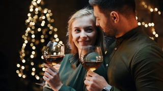 Drinking from glasses with alcohol and embracing. Sweet lovely couple having a romantic dinner indoors together