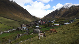 amazing touristic place Ushguli located at the foot of Shkhara, one of the highest Caucasian summits, community of villages located at the head of the Enguri gorge in Upper Svaneti, Georgia