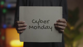 Cyber Monday Written On Banner Man Holding Placard