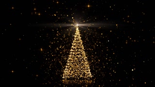 Merry Christmas greeting animated background. Christmas tree with shining light and glowing stars, 4K holiday intro